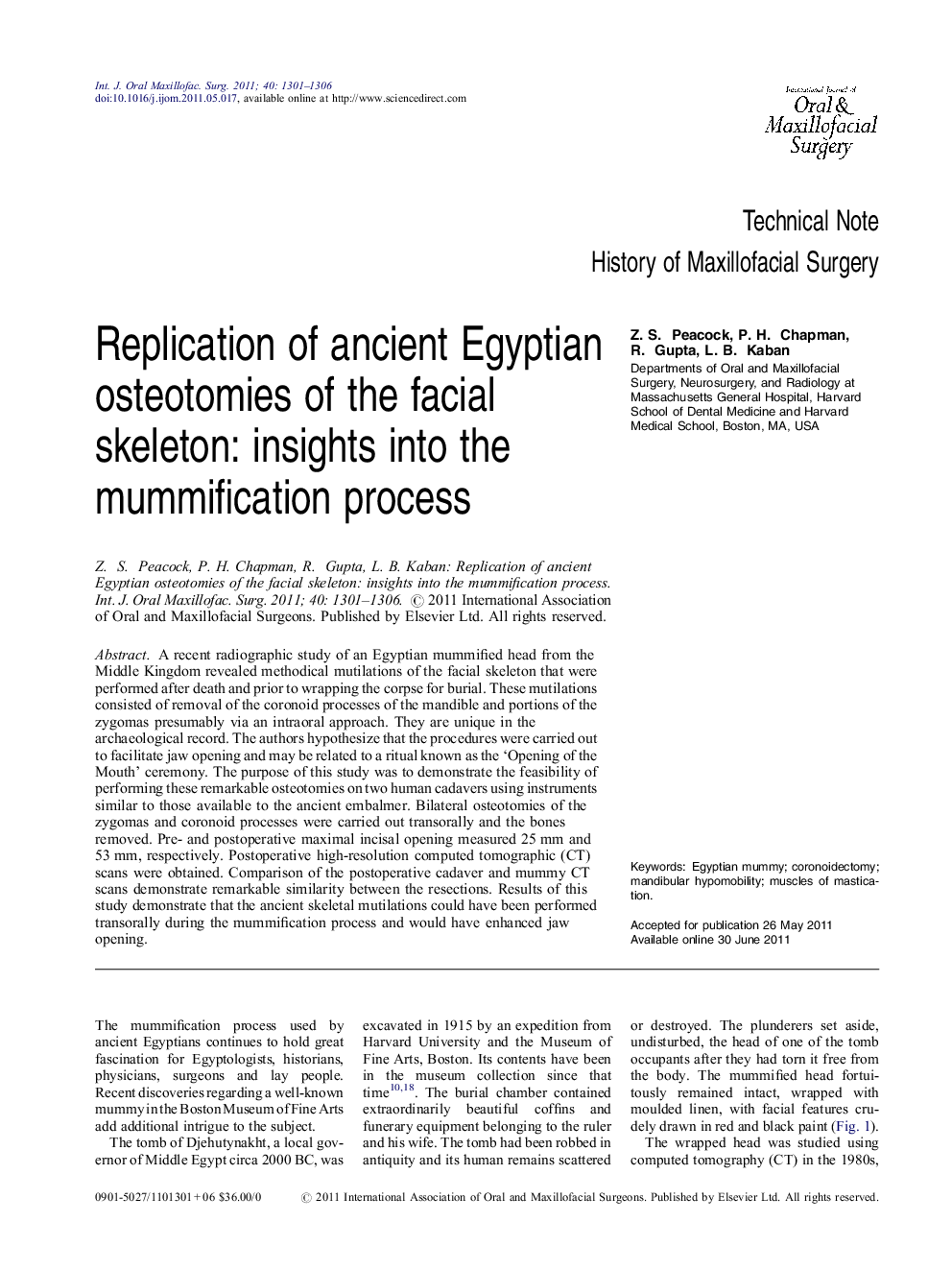 Replication of ancient Egyptian osteotomies of the facial skeleton: insights into the mummification process