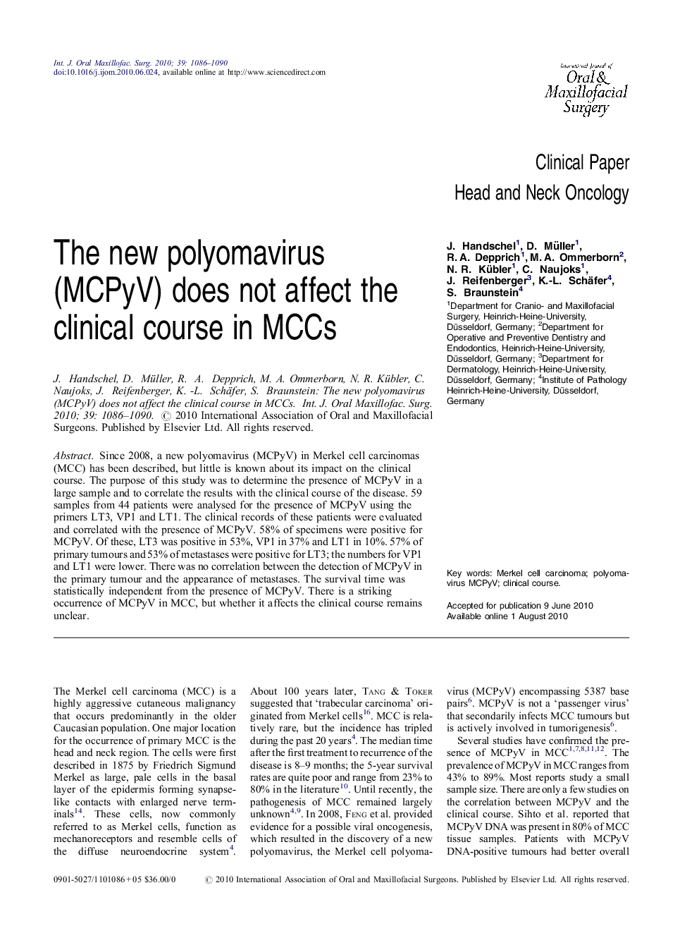 The new polyomavirus (MCPyV) does not affect the clinical course in MCCs