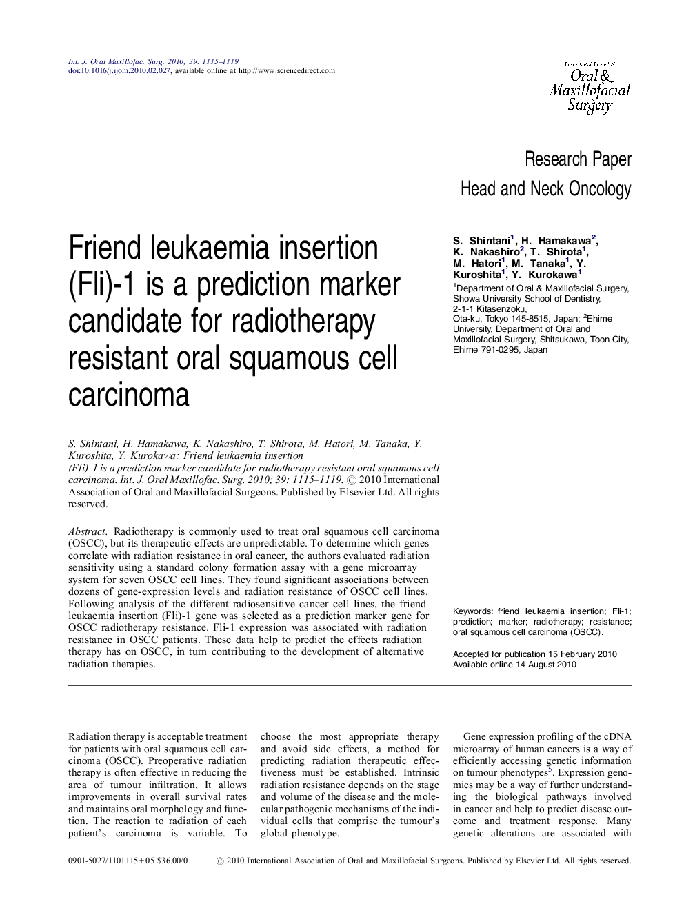 Friend leukaemia insertion (Fli)-1 is a prediction marker candidate for radiotherapy resistant oral squamous cell carcinoma