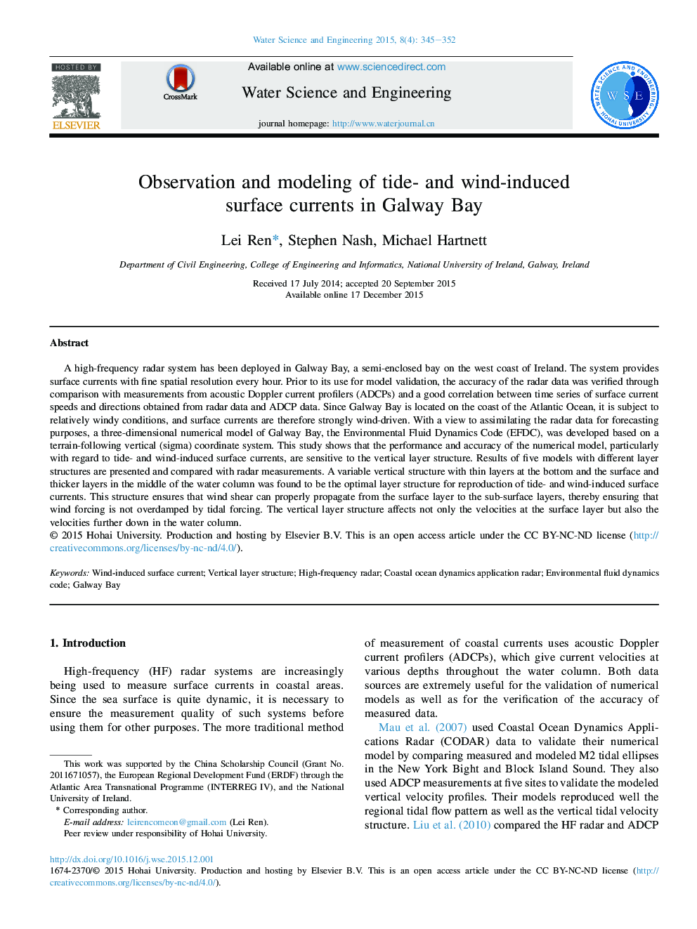 Observation and modeling of tide- and wind-induced surface currents in Galway Bay 