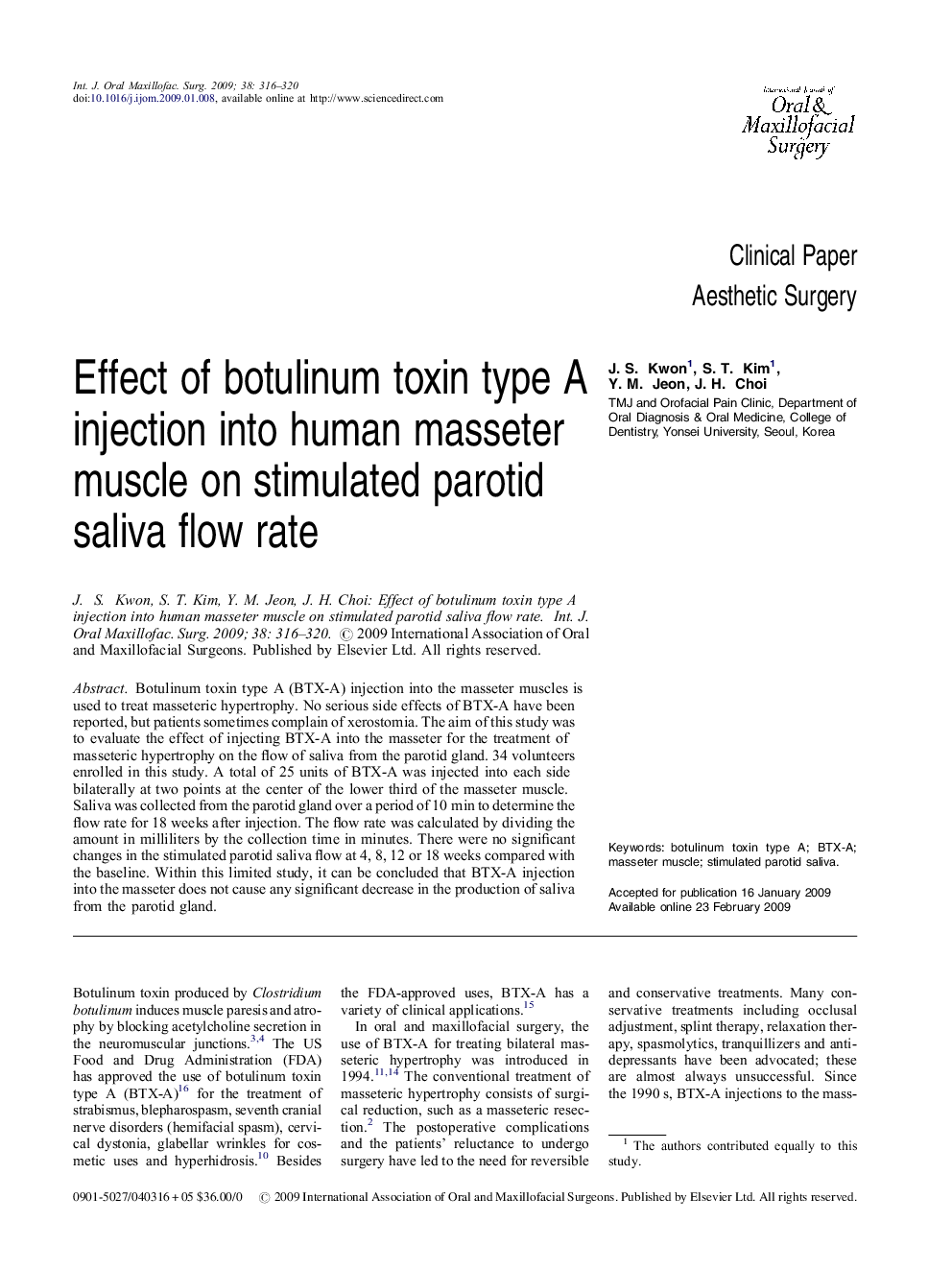 Effect of botulinum toxin type A injection into human masseter muscle on stimulated parotid saliva flow rate