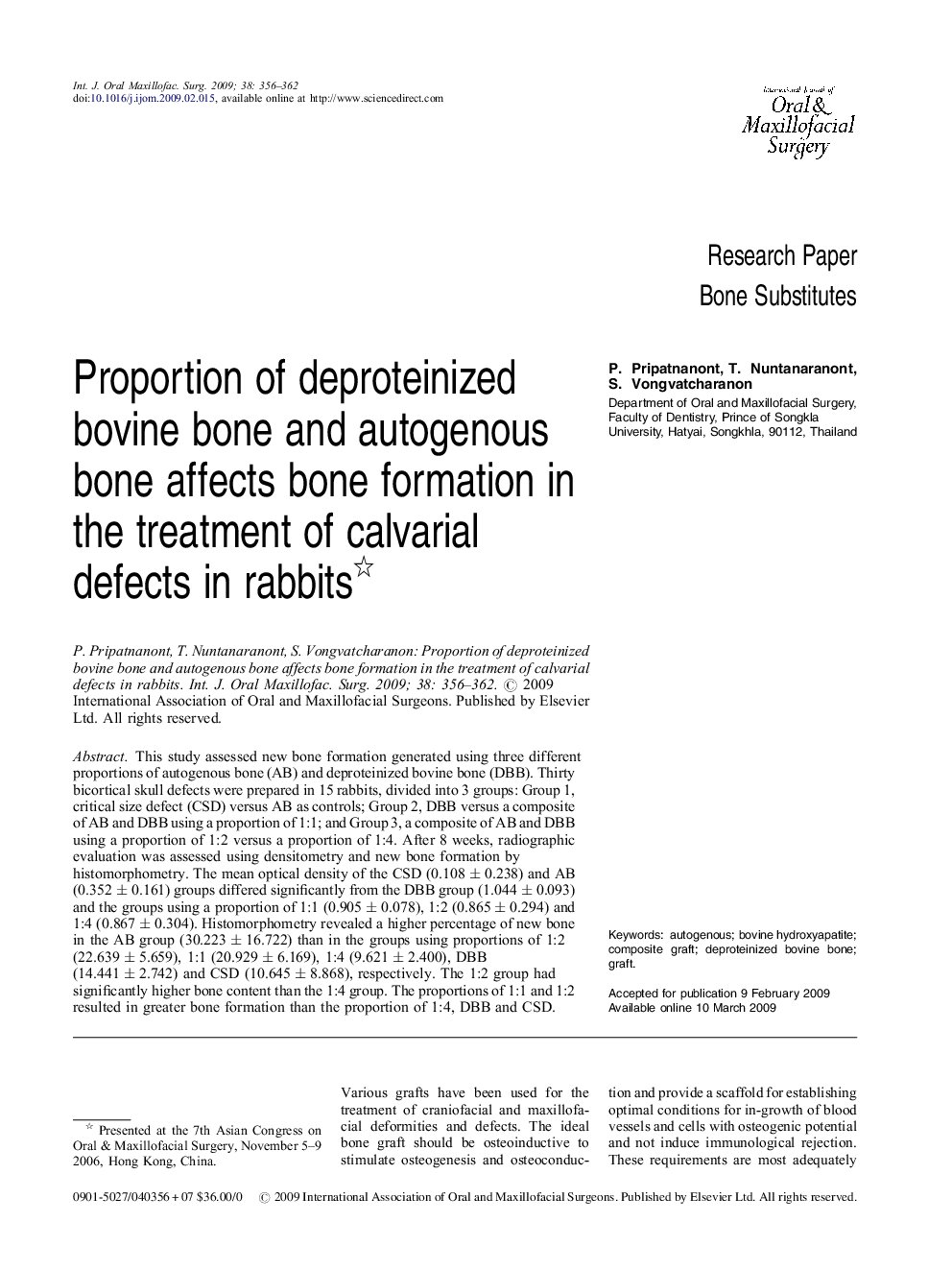 Proportion of deproteinized bovine bone and autogenous bone affects bone formation in the treatment of calvarial defects in rabbits 