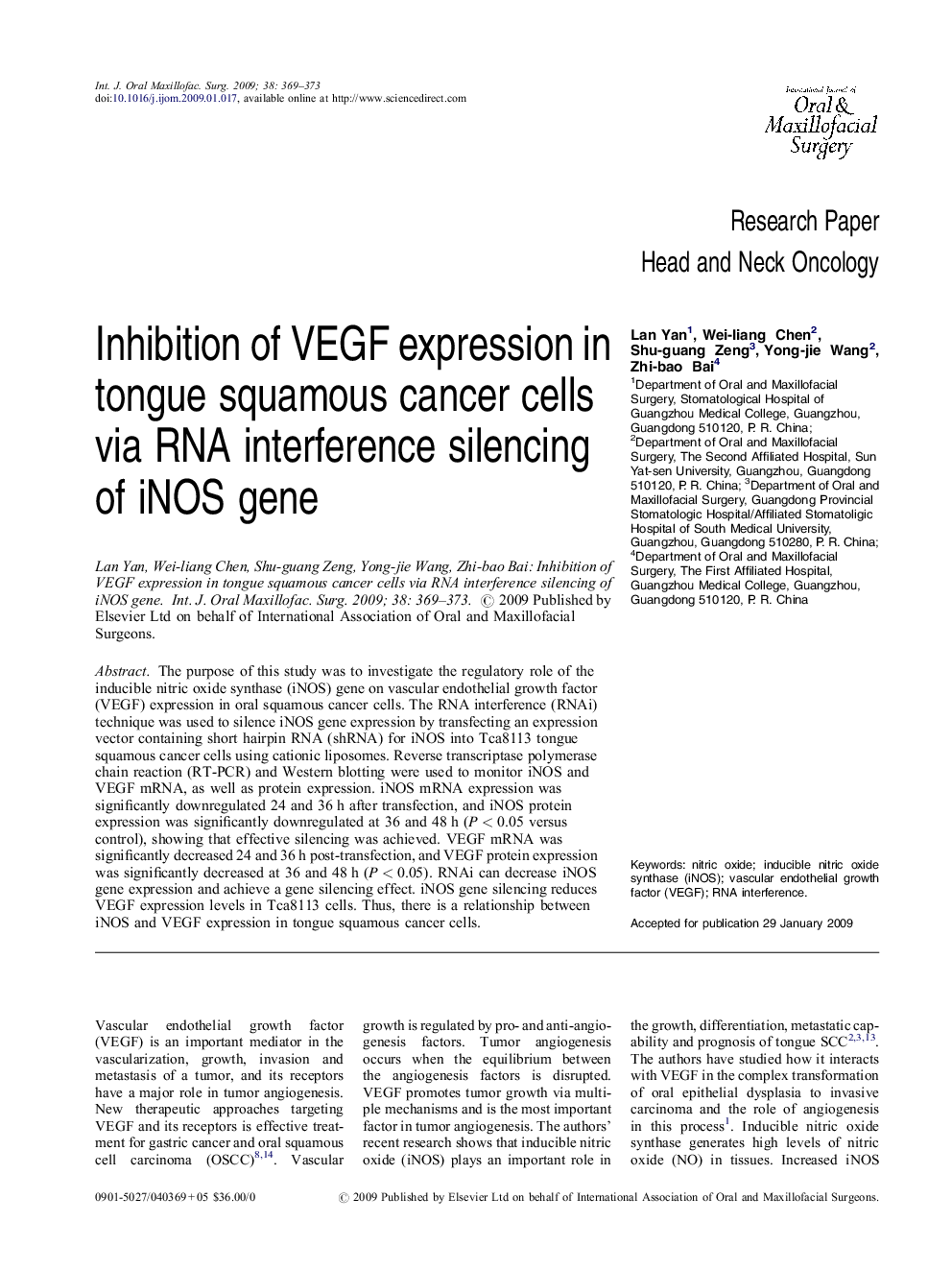 Inhibition of VEGF expression in tongue squamous cancer cells via RNA interference silencing of iNOS gene