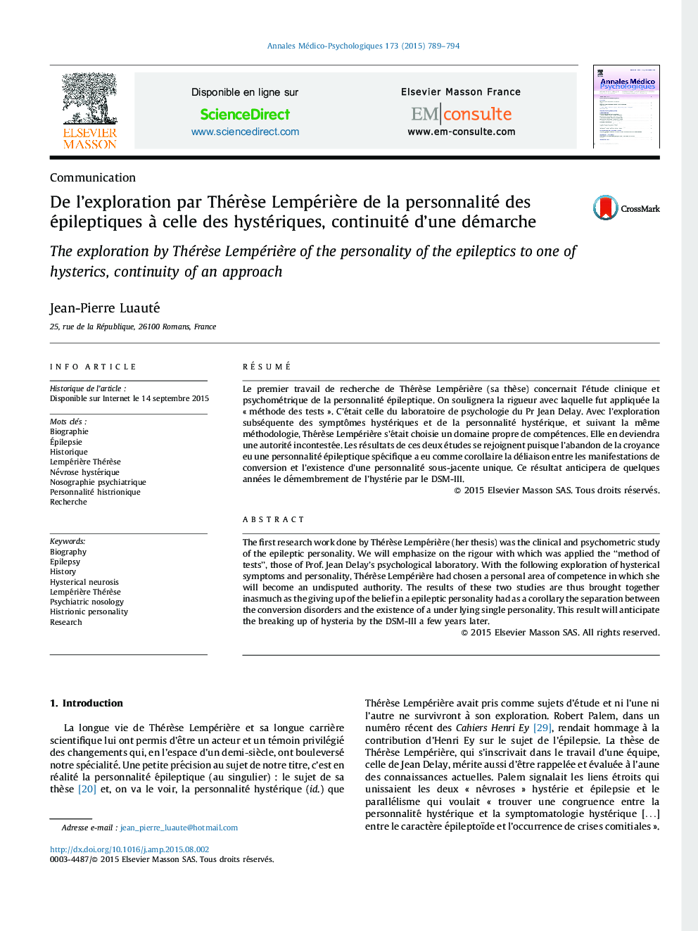 De l’exploration par Thérèse Lempérière de la personnalité des épileptiques à celle des hystériques, continuité d’une démarche