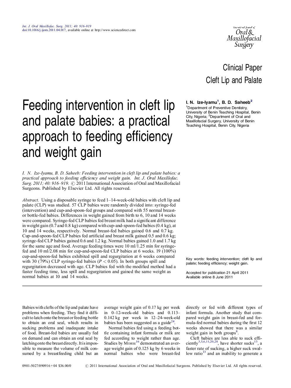 Feeding intervention in cleft lip and palate babies: a practical approach to feeding efficiency and weight gain