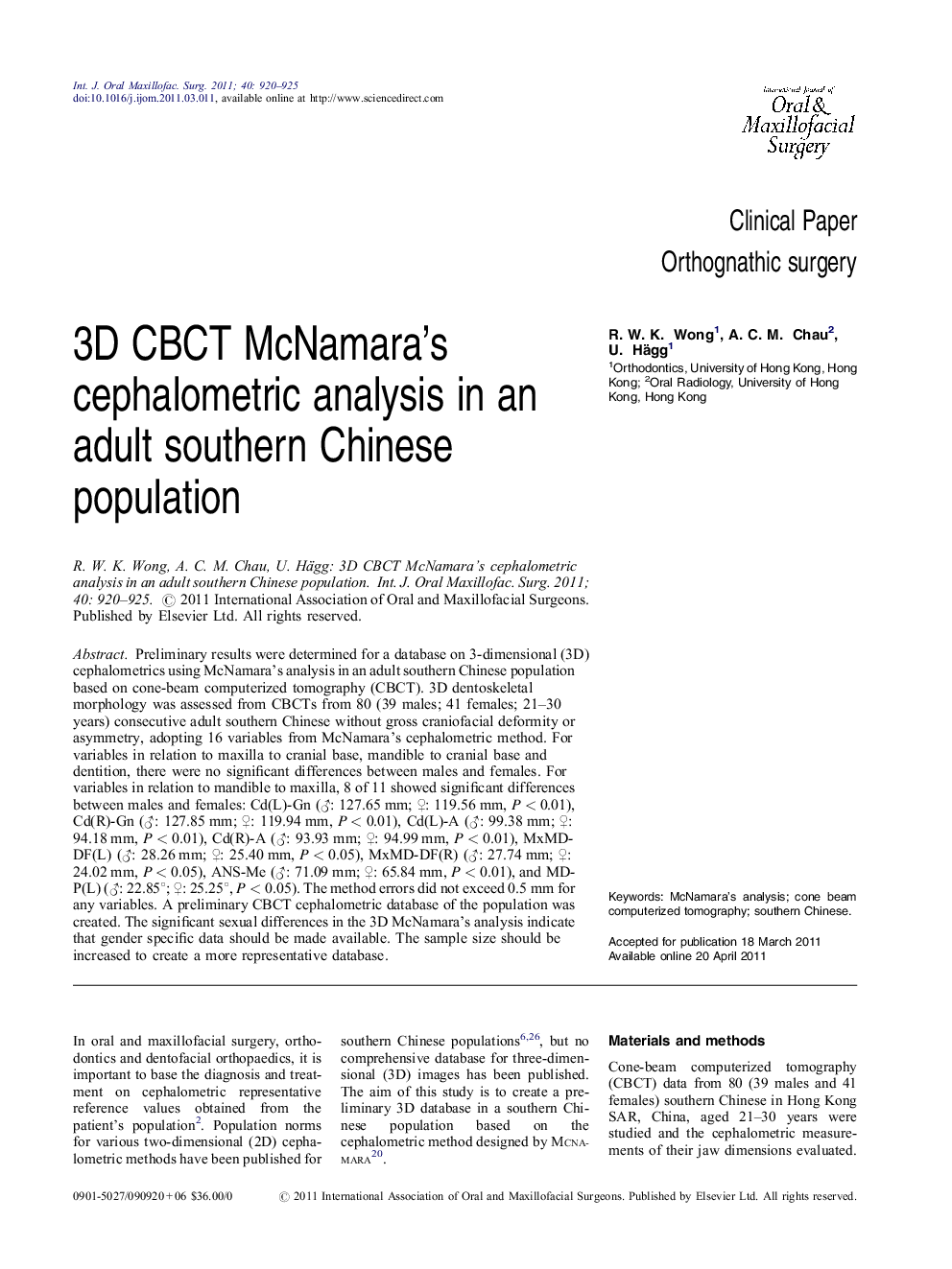 3D CBCT McNamara's cephalometric analysis in an adult southern Chinese population