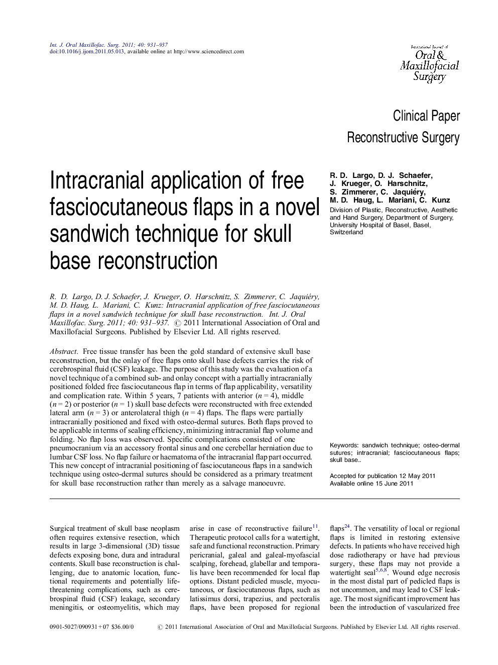 Intracranial application of free fasciocutaneous flaps in a novel sandwich technique for skull base reconstruction