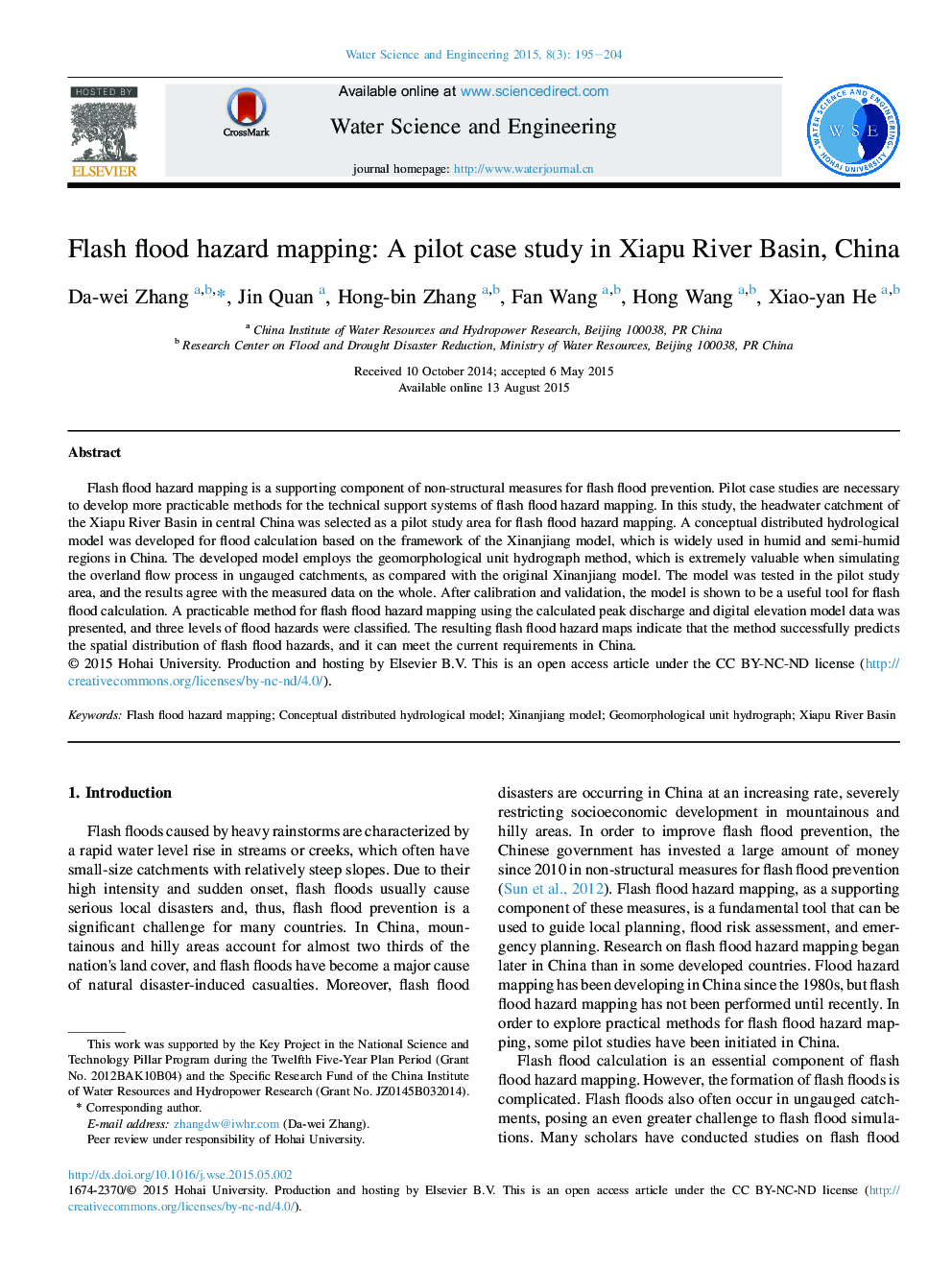 Flash flood hazard mapping: A pilot case study in Xiapu River Basin, China 