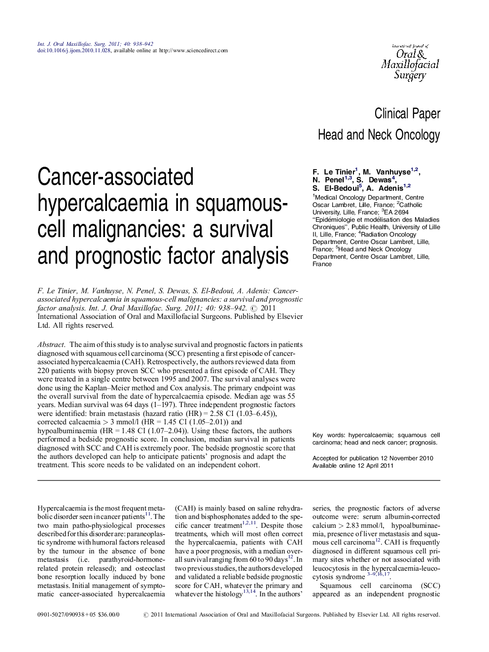 Cancer-associated hypercalcaemia in squamous-cell malignancies: a survival and prognostic factor analysis