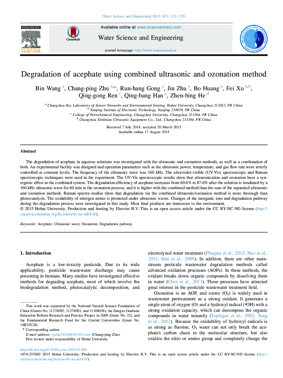 Degradation of acephate using combined ultrasonic and ozonation method 