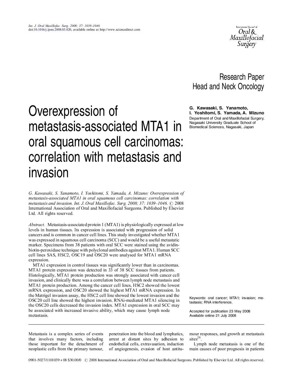 Overexpression of metastasis-associated MTA1 in oral squamous cell carcinomas: correlation with metastasis and invasion