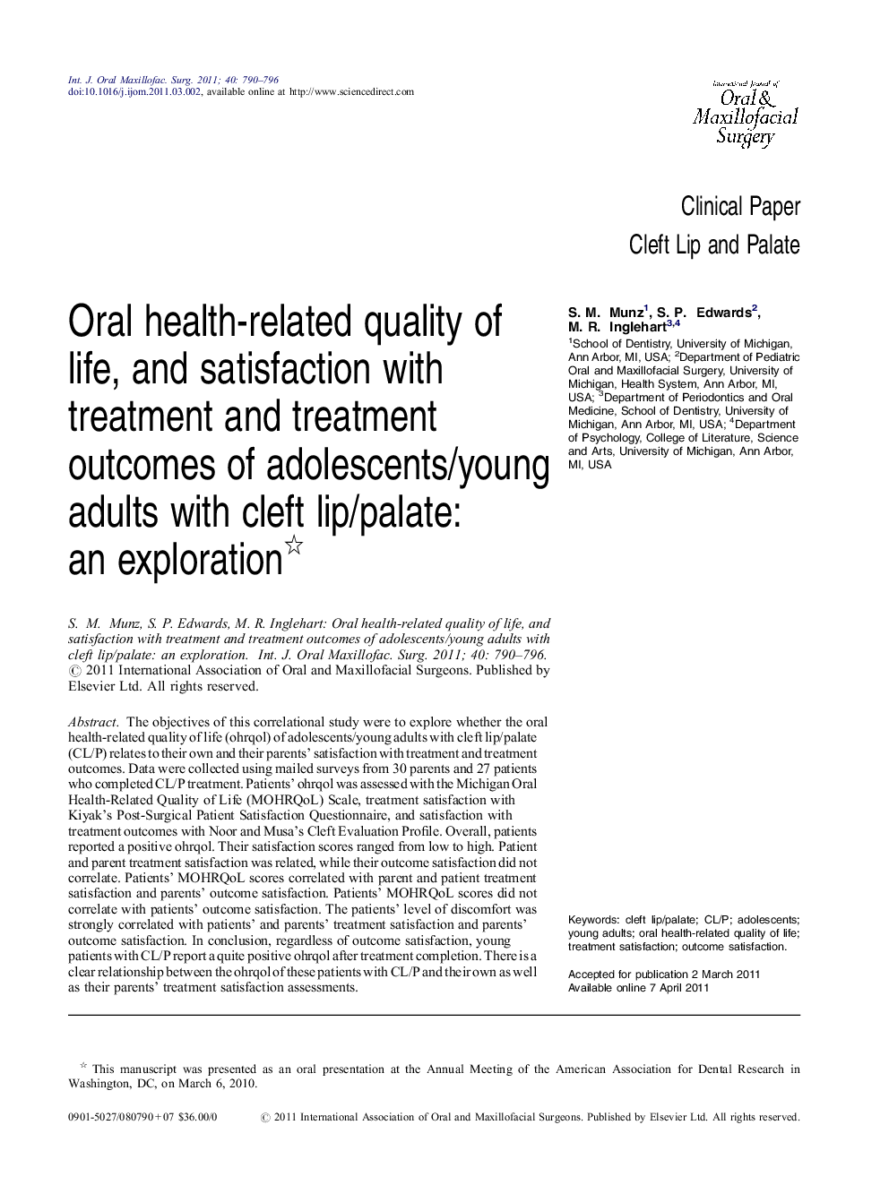 Oral health-related quality of life, and satisfaction with treatment and treatment outcomes of adolescents/young adults with cleft lip/palate: an exploration 