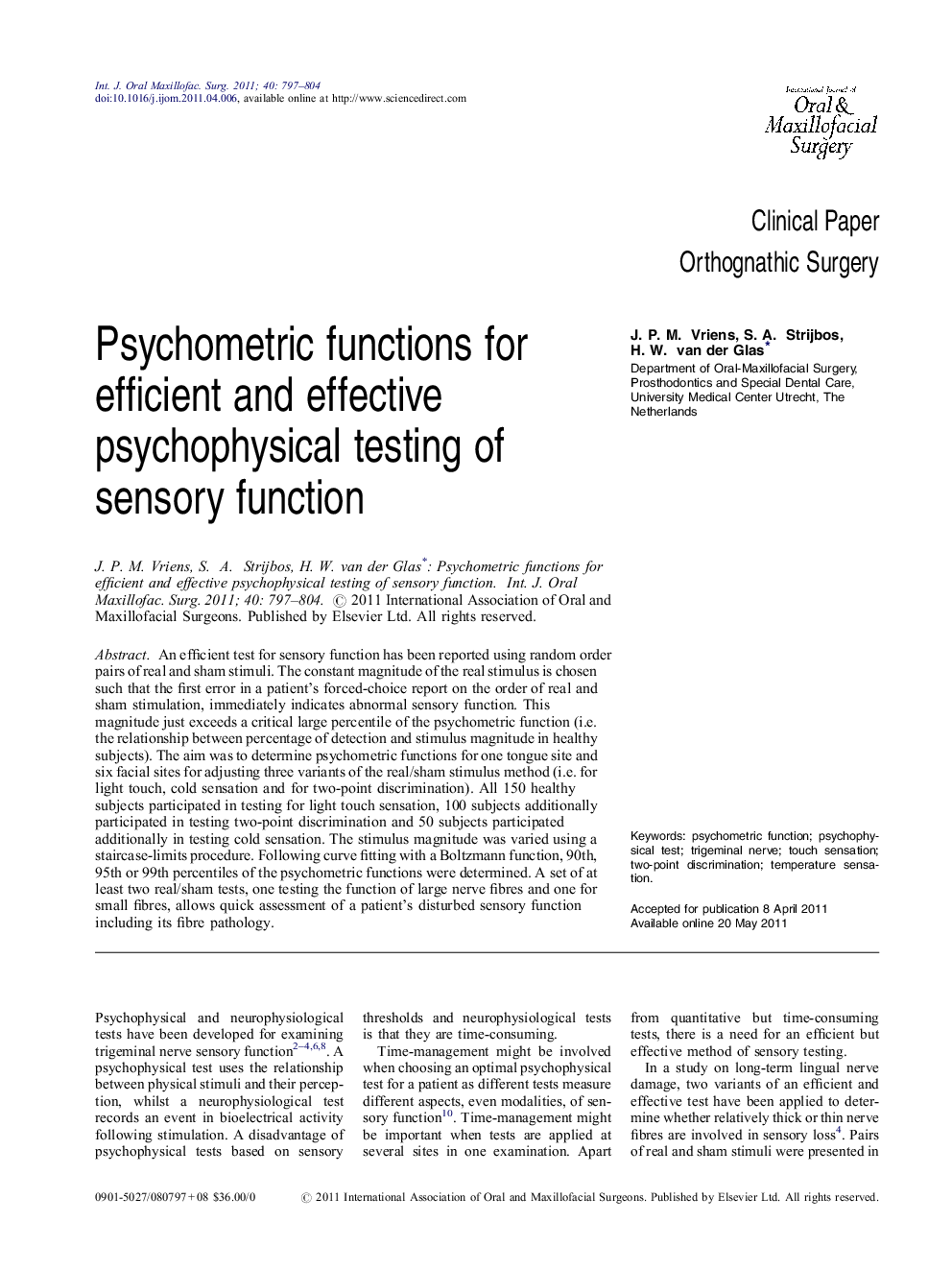 Psychometric functions for efficient and effective psychophysical testing of sensory function