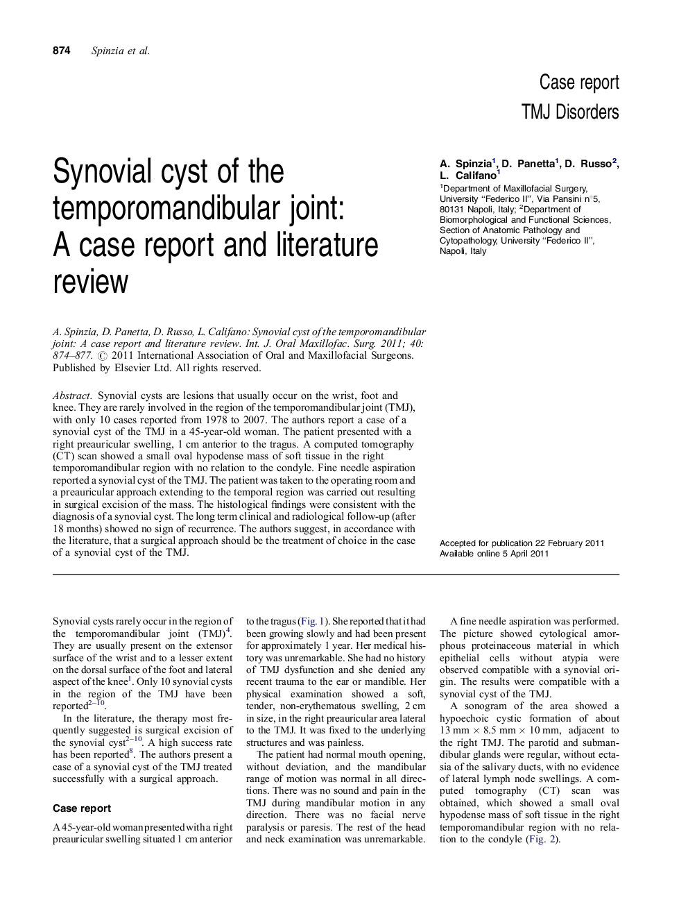 Synovial cyst of the temporomandibular joint: A case report and literature review