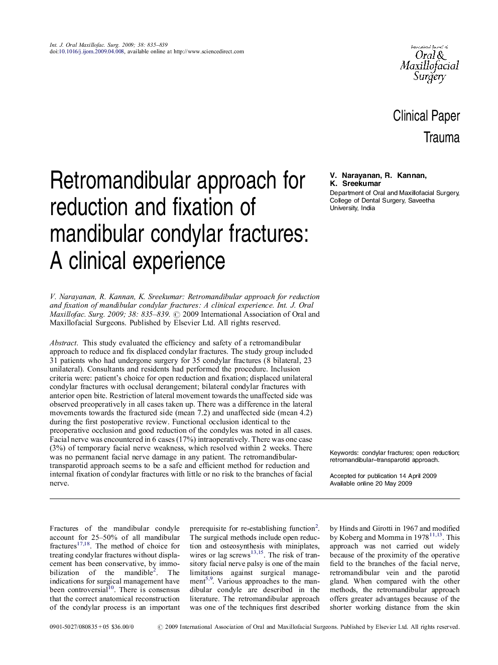 Retromandibular approach for reduction and fixation of mandibular condylar fractures: A clinical experience