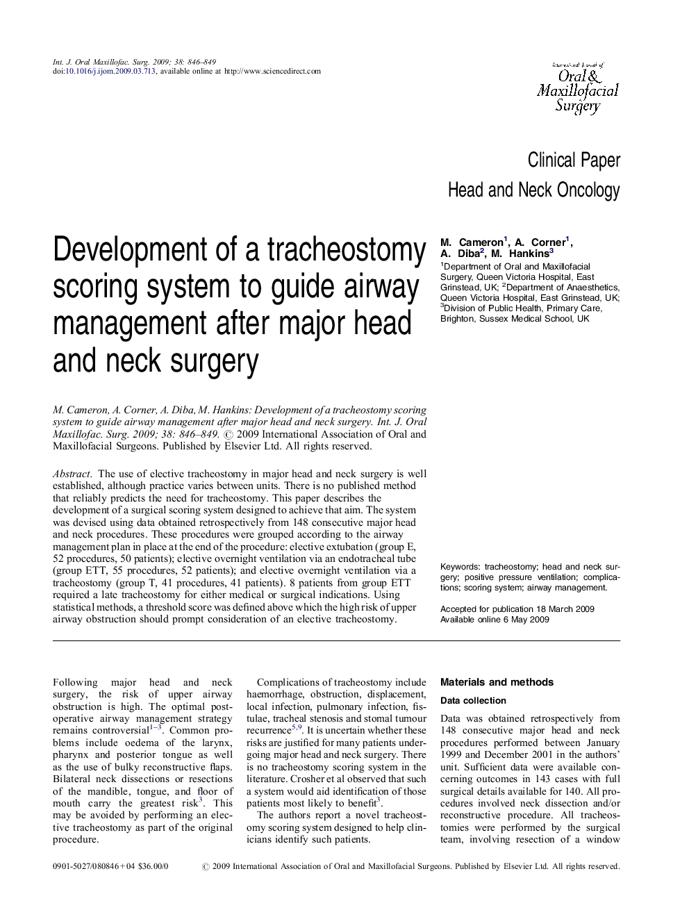 Development of a tracheostomy scoring system to guide airway management after major head and neck surgery