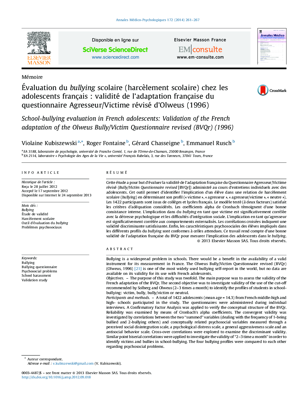 Évaluation du bullying scolaire (harcèlement scolaire) chez les adolescents français : validité de l’adaptation française du questionnaire Agresseur/Victime révisé d’Olweus (1996)