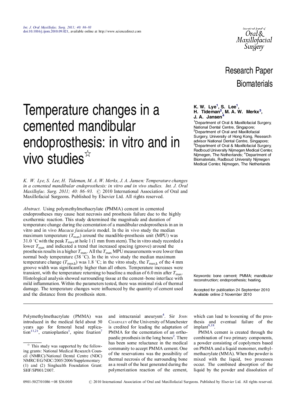 Temperature changes in a cemented mandibular endoprosthesis: in vitro and in vivo studies 