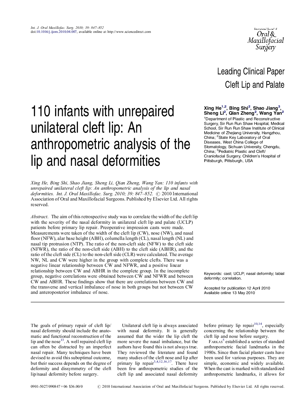 110 infants with unrepaired unilateral cleft lip: An anthropometric analysis of the lip and nasal deformities