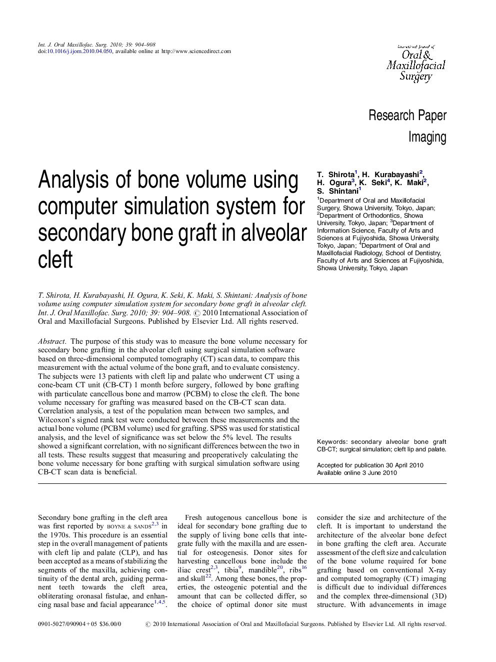 Analysis of bone volume using computer simulation system for secondary bone graft in alveolar cleft