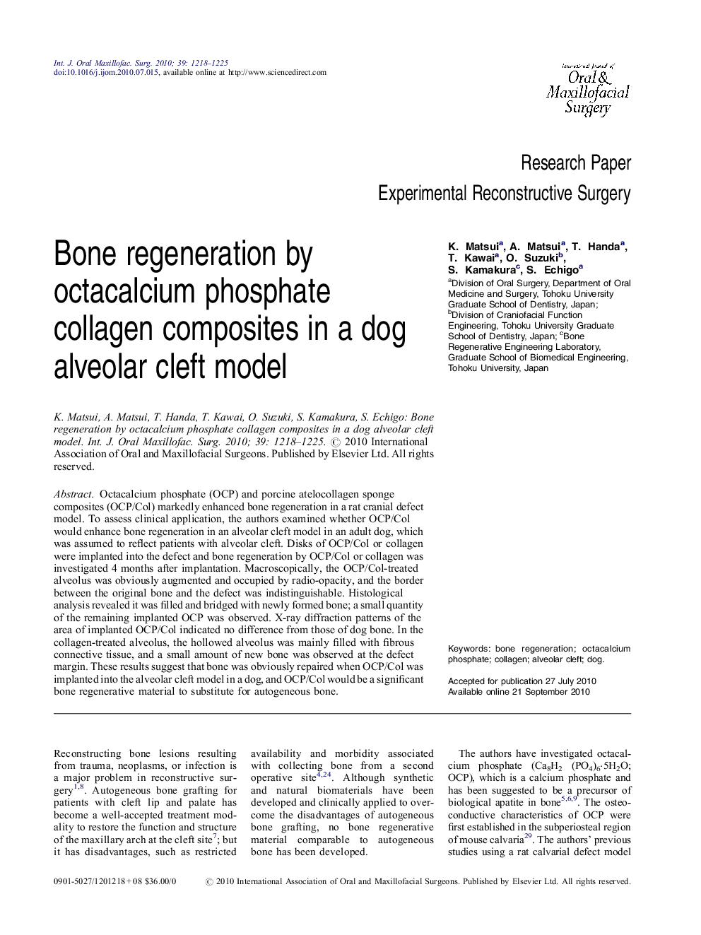 Bone regeneration by octacalcium phosphate collagen composites in a dog alveolar cleft model