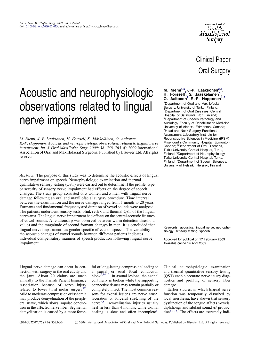 Acoustic and neurophysiologic observations related to lingual nerve impairment