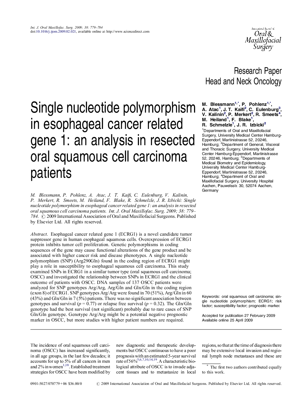 Single nucleotide polymorphism in esophageal cancer related gene 1: an analysis in resected oral squamous cell carcinoma patients