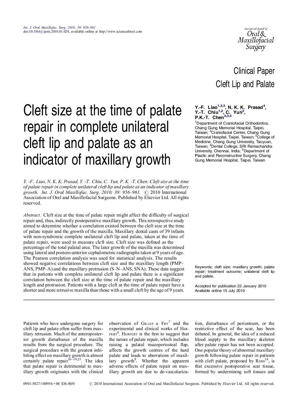 Cleft size at the time of palate repair in complete unilateral cleft lip and palate as an indicator of maxillary growth