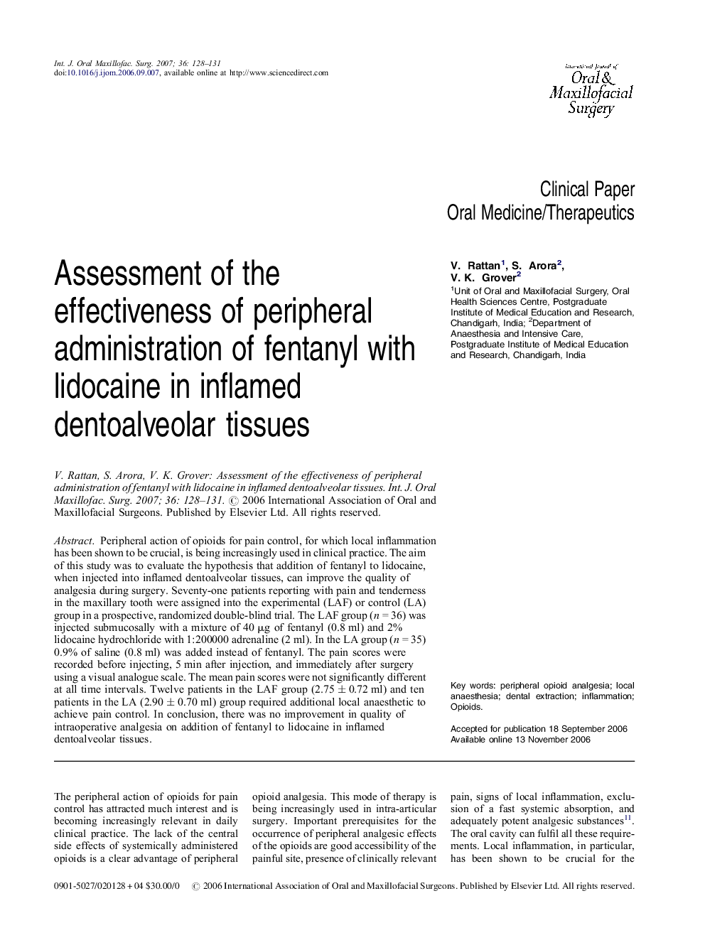 Assessment of the effectiveness of peripheral administration of fentanyl with lidocaine in inflamed dentoalveolar tissues