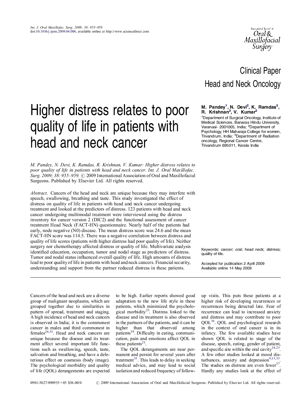 Higher distress relates to poor quality of life in patients with head and neck cancer