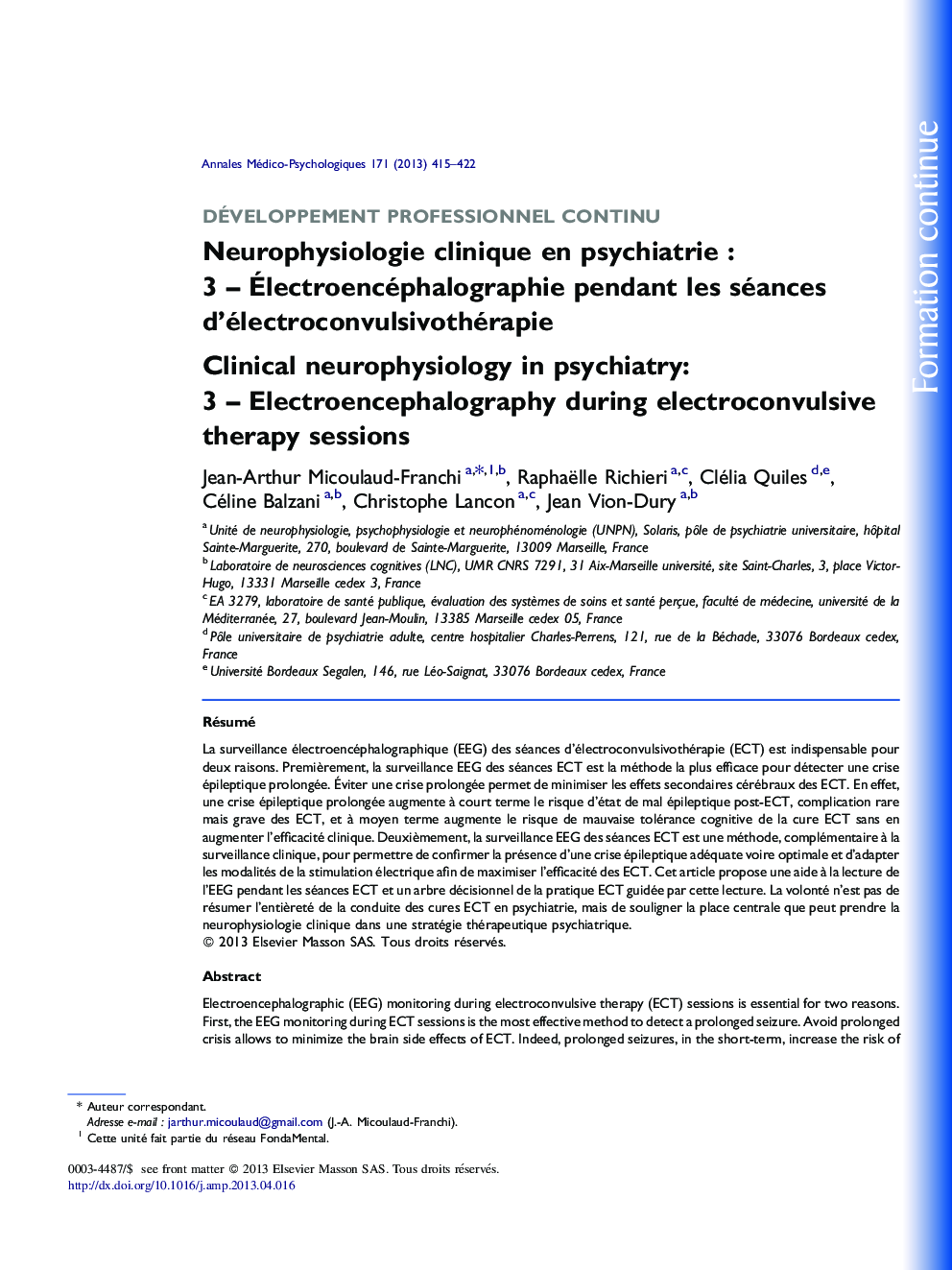 Neurophysiologie clinique en psychiatrie : 3 – Électroencéphalographie pendant les séances d’électroconvulsivothérapie