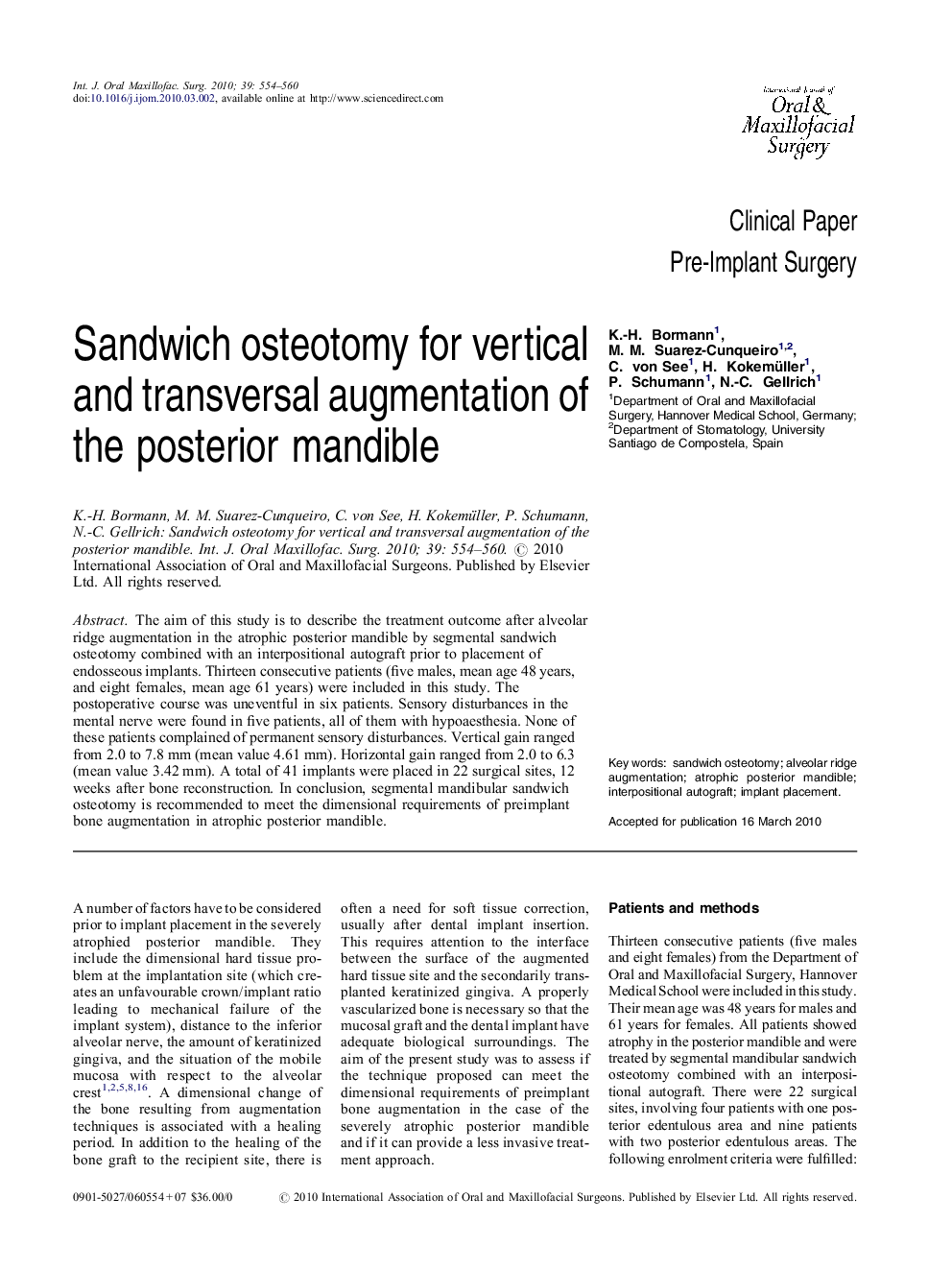 Sandwich osteotomy for vertical and transversal augmentation of the posterior mandible