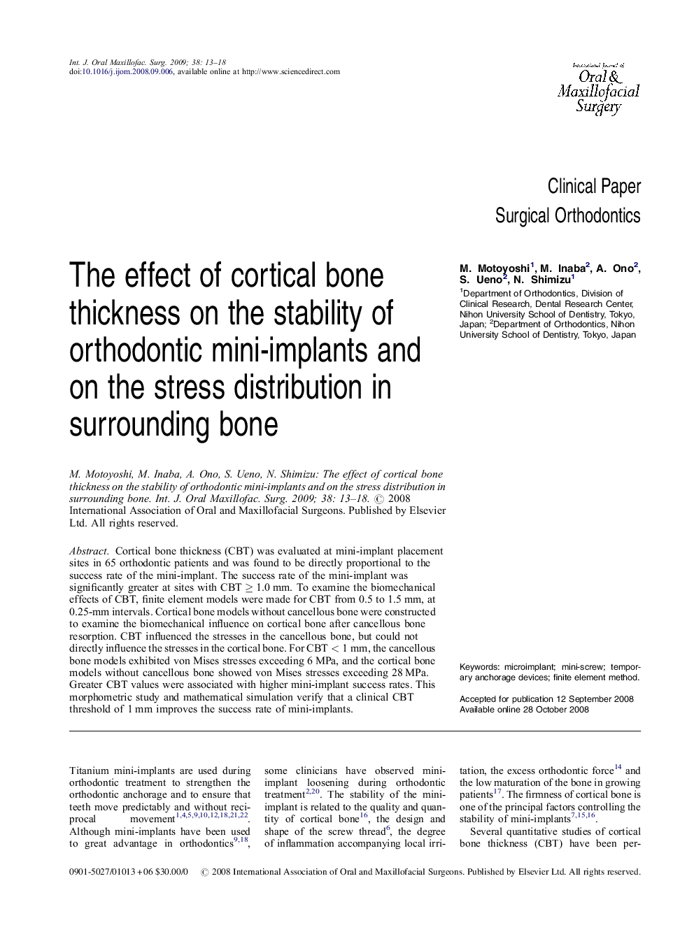 The effect of cortical bone thickness on the stability of orthodontic mini-implants and on the stress distribution in surrounding bone