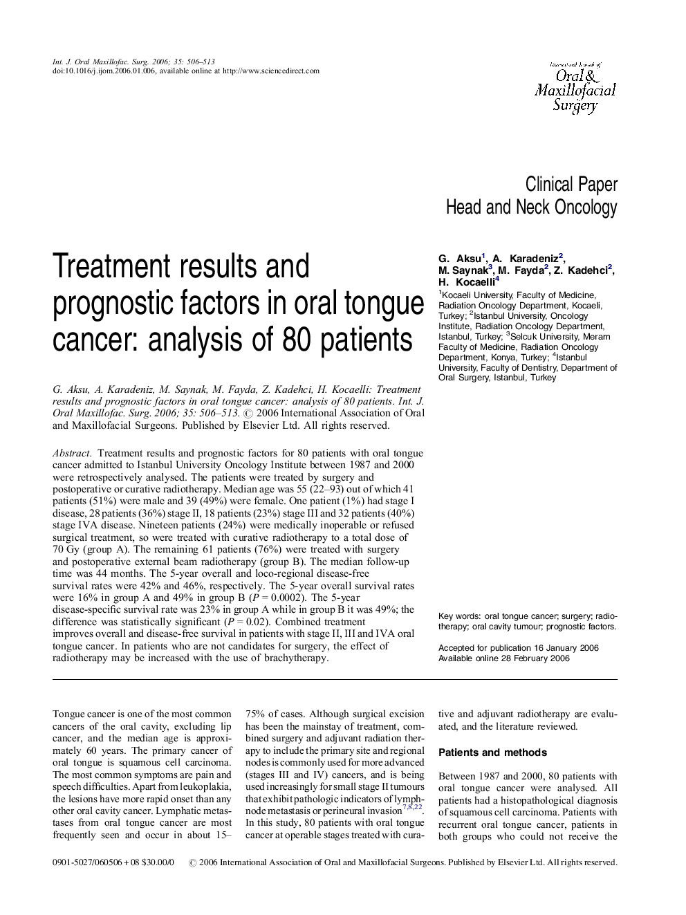 Treatment results and prognostic factors in oral tongue cancer: analysis of 80 patients