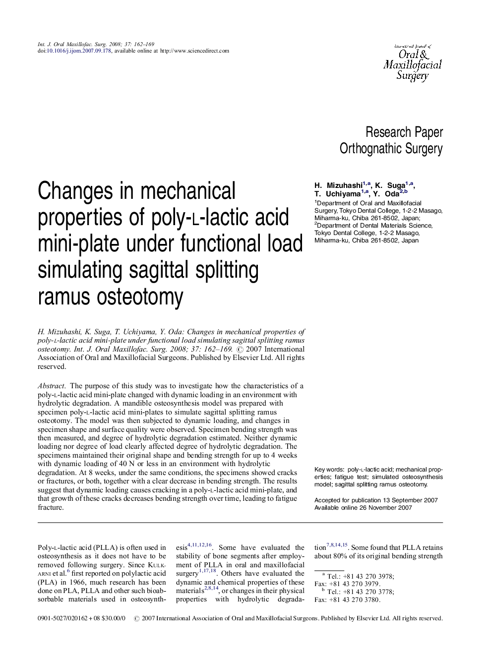 Changes in mechanical properties of poly-l-lactic acid mini-plate under functional load simulating sagittal splitting ramus osteotomy