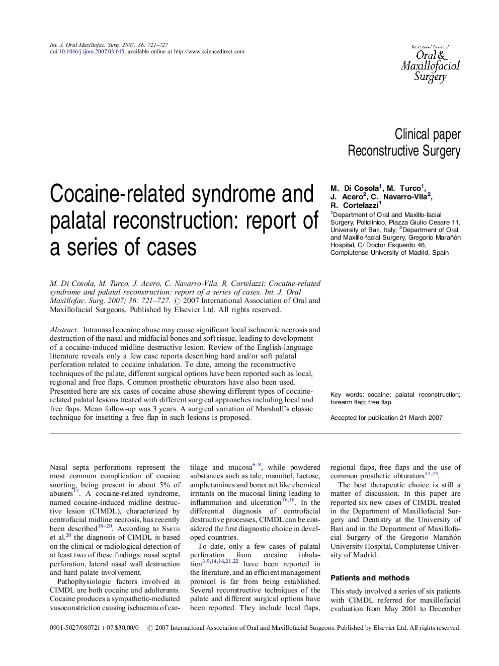 Cocaine-related syndrome and palatal reconstruction: report of a series of cases