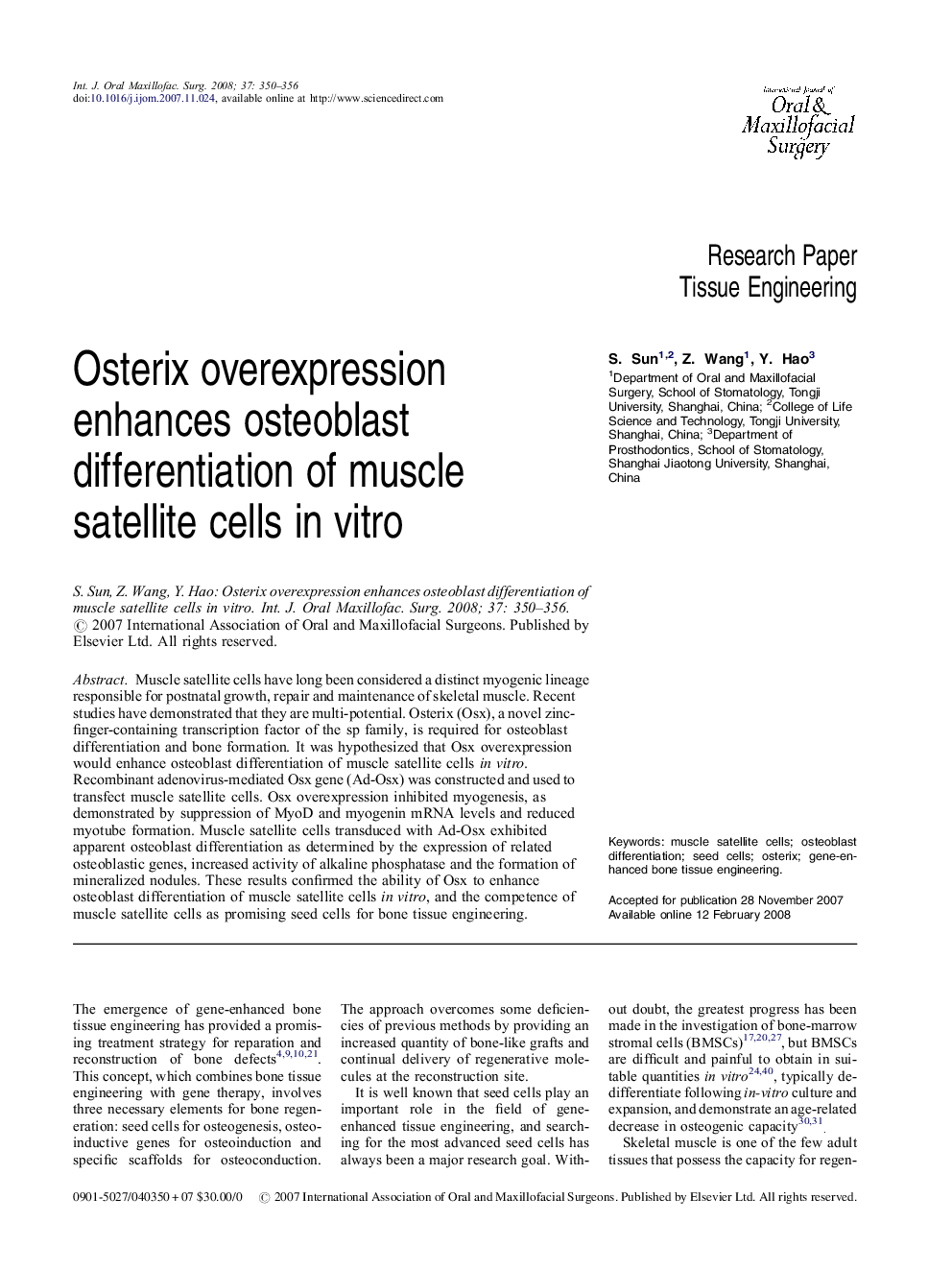 Osterix overexpression enhances osteoblast differentiation of muscle satellite cells in vitro