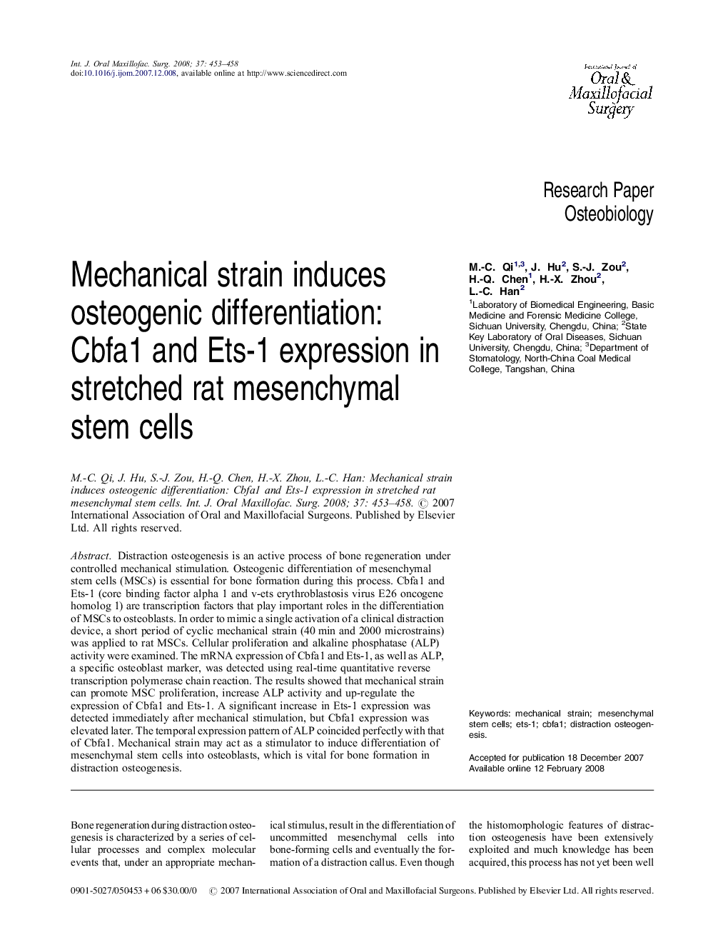 Mechanical strain induces osteogenic differentiation: Cbfa1 and Ets-1 expression in stretched rat mesenchymal stem cells