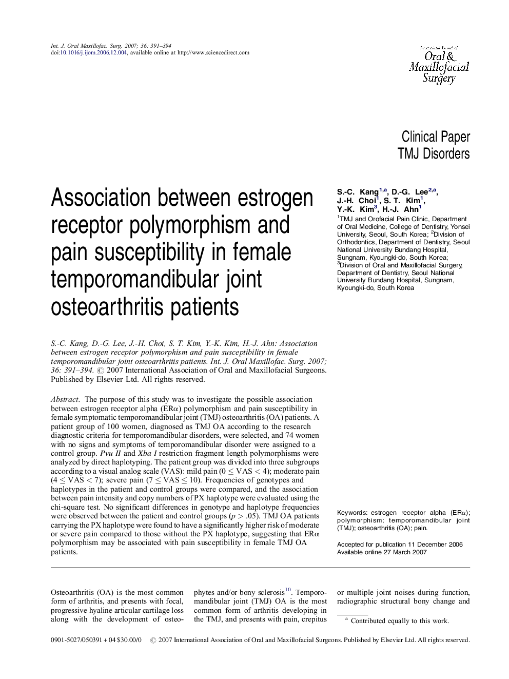 Association between estrogen receptor polymorphism and pain susceptibility in female temporomandibular joint osteoarthritis patients