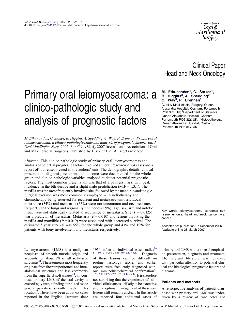 Primary oral leiomyosarcoma: a clinico-pathologic study and analysis of prognostic factors