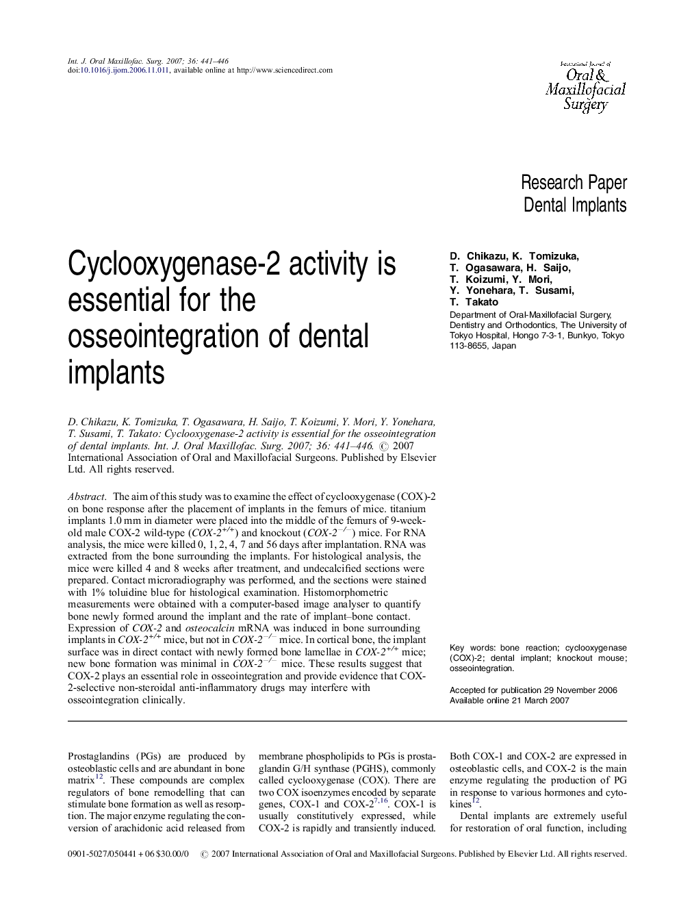 Cyclooxygenase-2 activity is essential for the osseointegration of dental implants