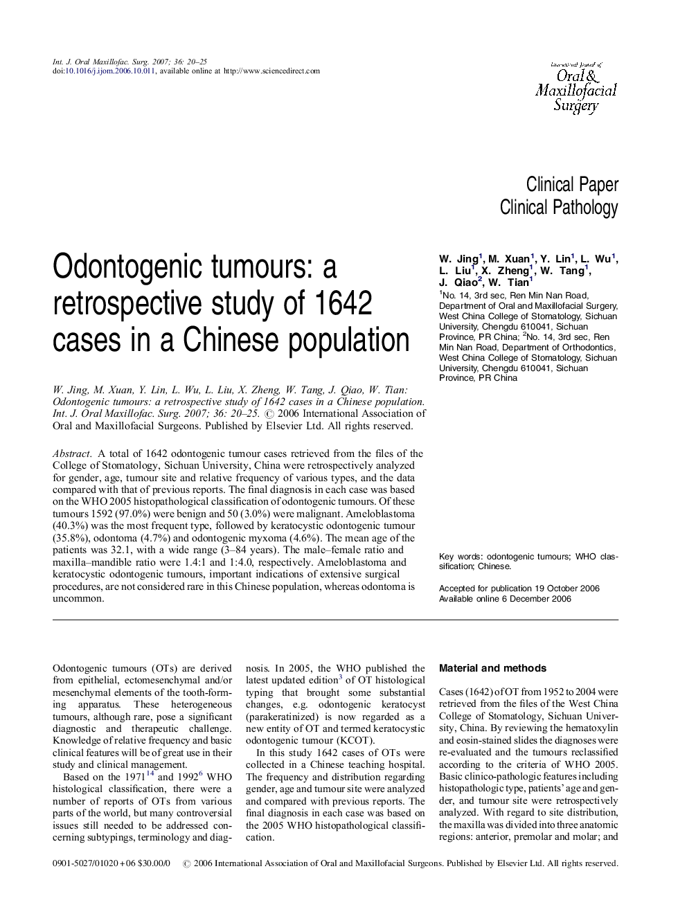 Odontogenic tumours: a retrospective study of 1642 cases in a Chinese population