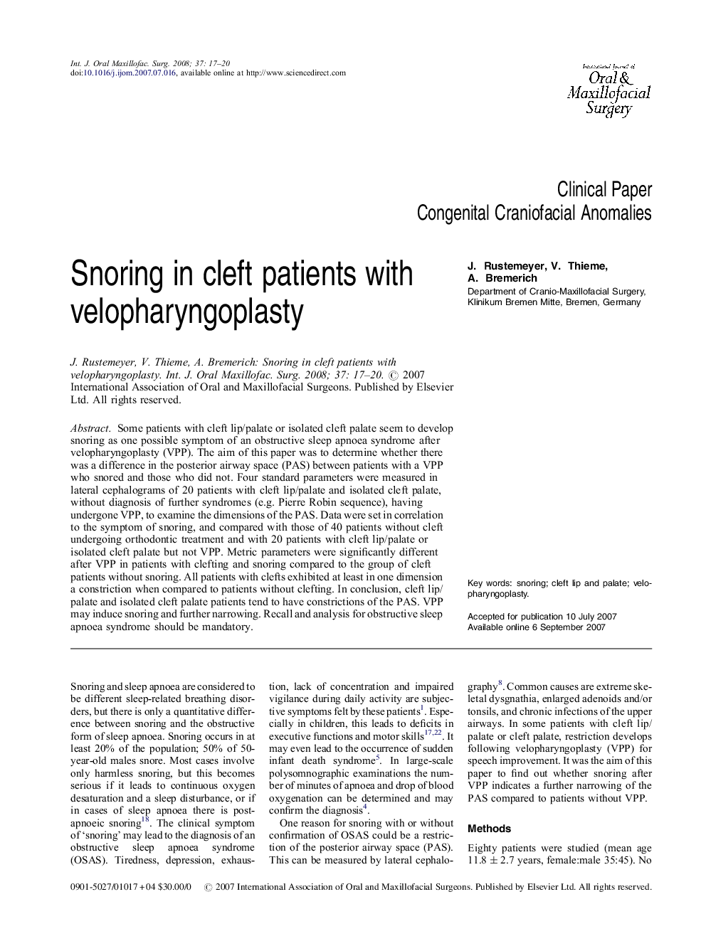 Snoring in cleft patients with velopharyngoplasty