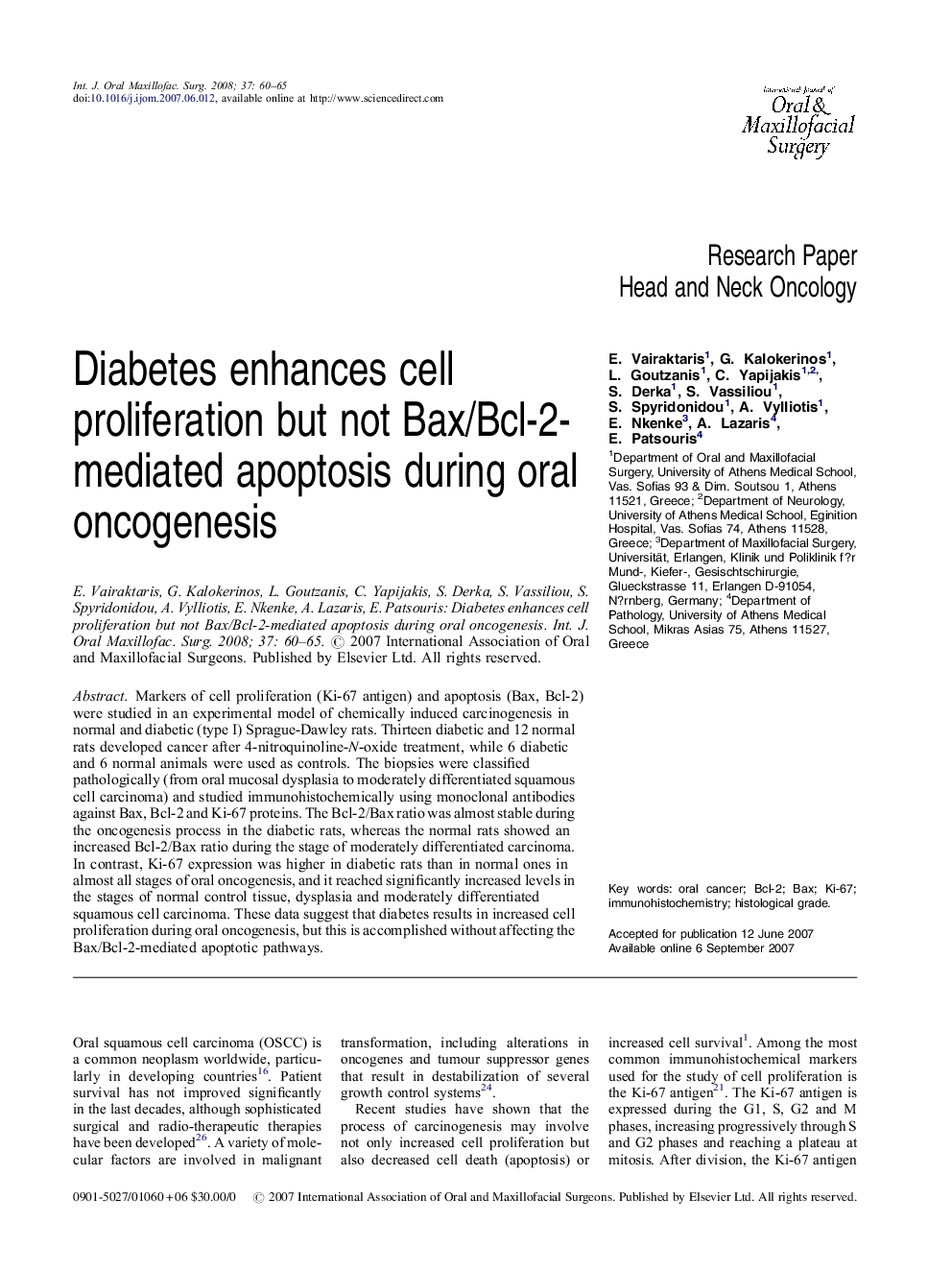 Diabetes enhances cell proliferation but not Bax/Bcl-2-mediated apoptosis during oral oncogenesis