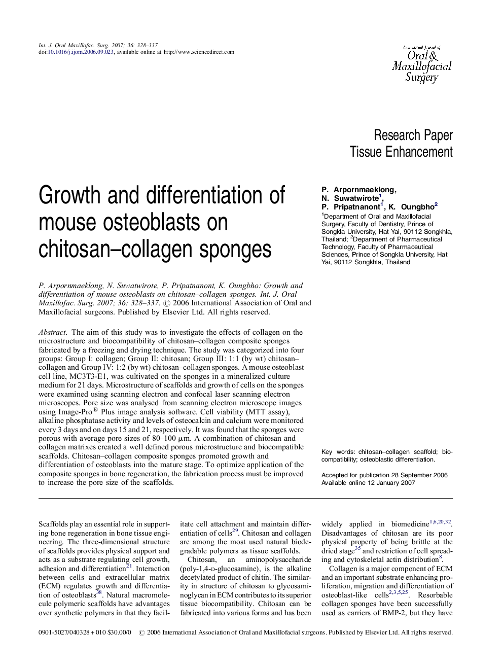 Growth and differentiation of mouse osteoblasts on chitosan–collagen sponges