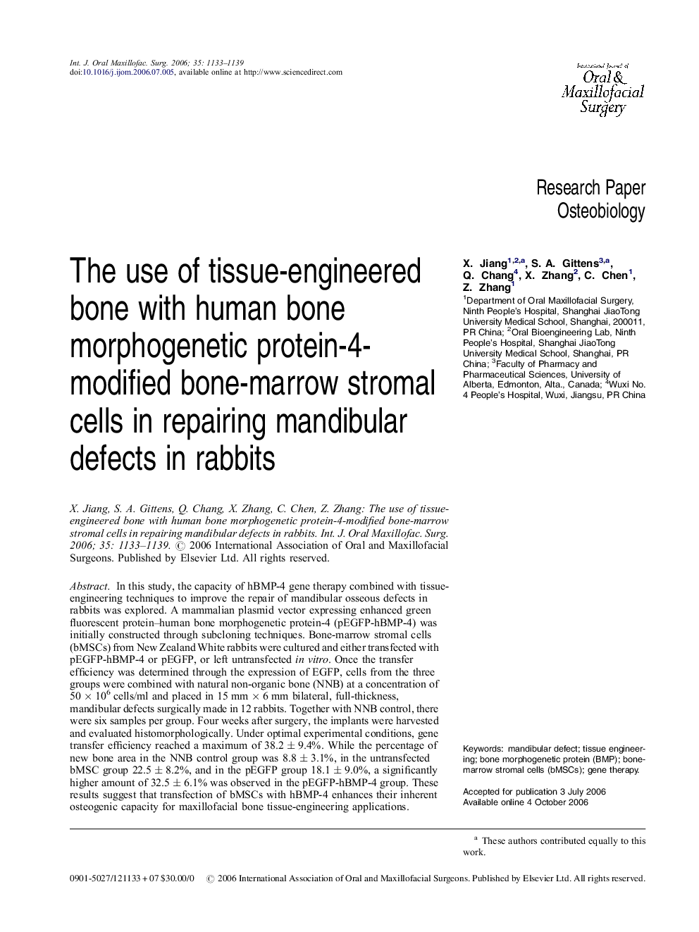 The use of tissue-engineered bone with human bone morphogenetic protein-4-modified bone-marrow stromal cells in repairing mandibular defects in rabbits