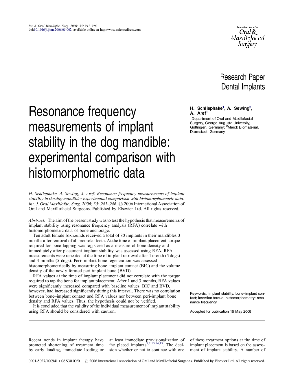 Resonance frequency measurements of implant stability in the dog mandible: experimental comparison with histomorphometric data