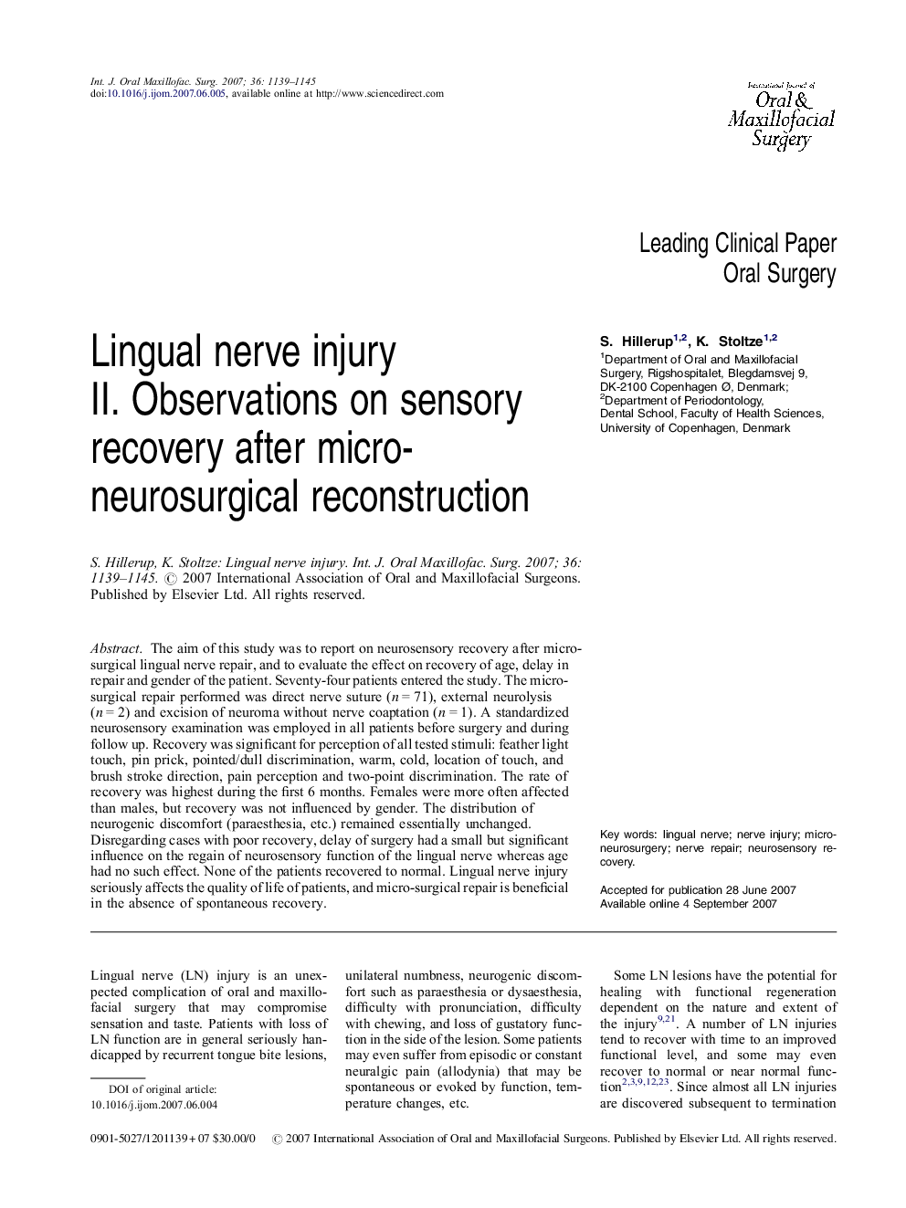 Lingual nerve injury: II. Observations on sensory recovery after micro-neurosurgical reconstruction