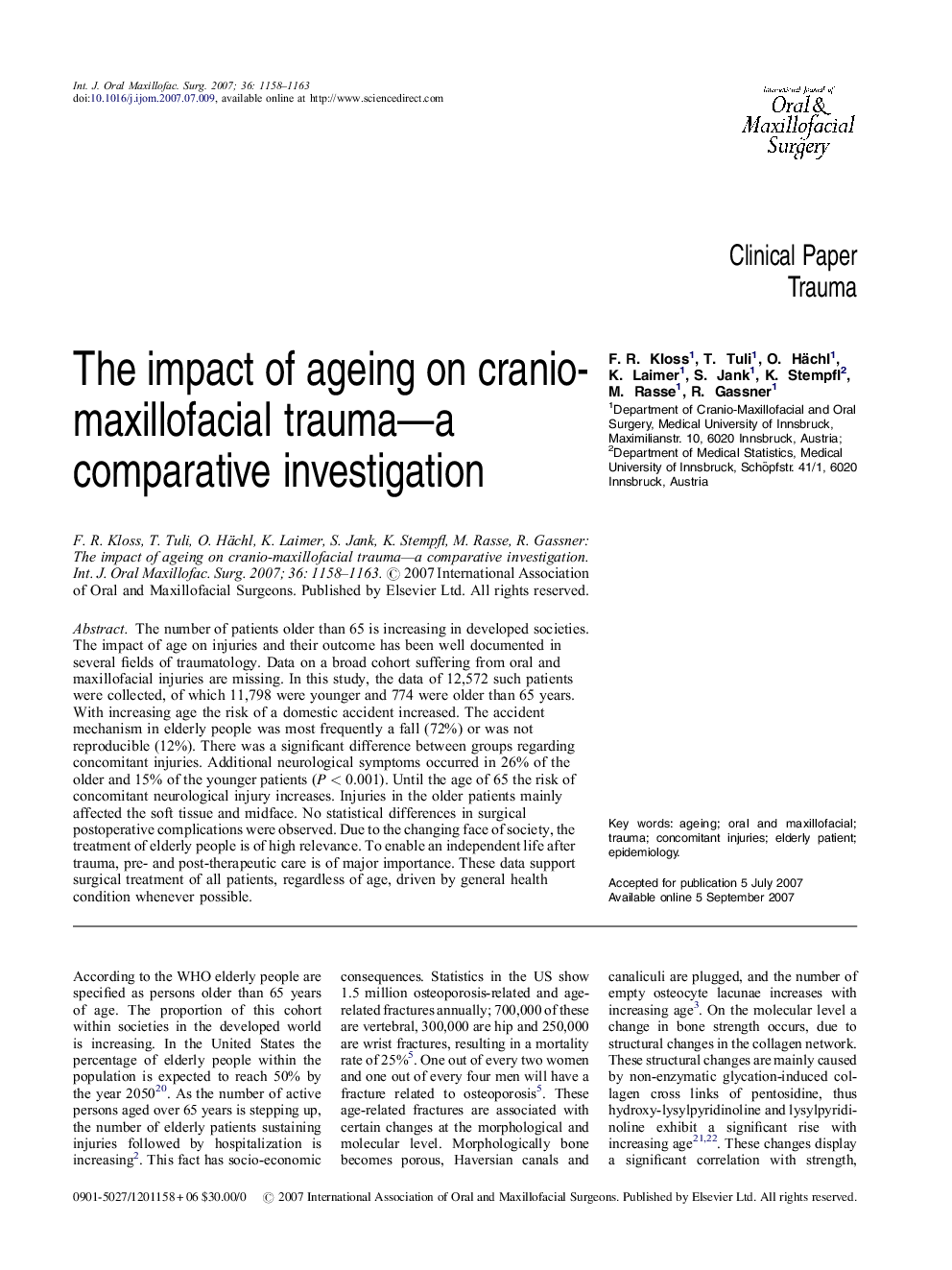 The impact of ageing on cranio-maxillofacial trauma—a comparative investigation