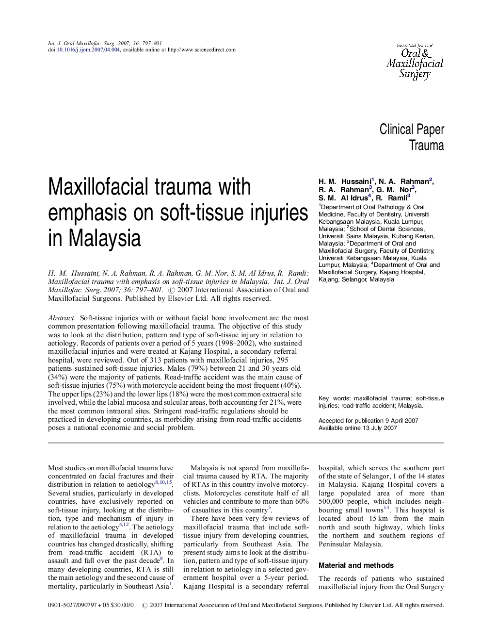 Maxillofacial trauma with emphasis on soft-tissue injuries in Malaysia